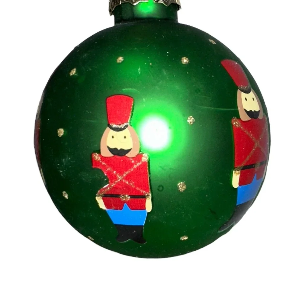 Vintage Set Of‎ 5 Green Christmas Ornaments Snowman Santa Soldier Glass Balls
